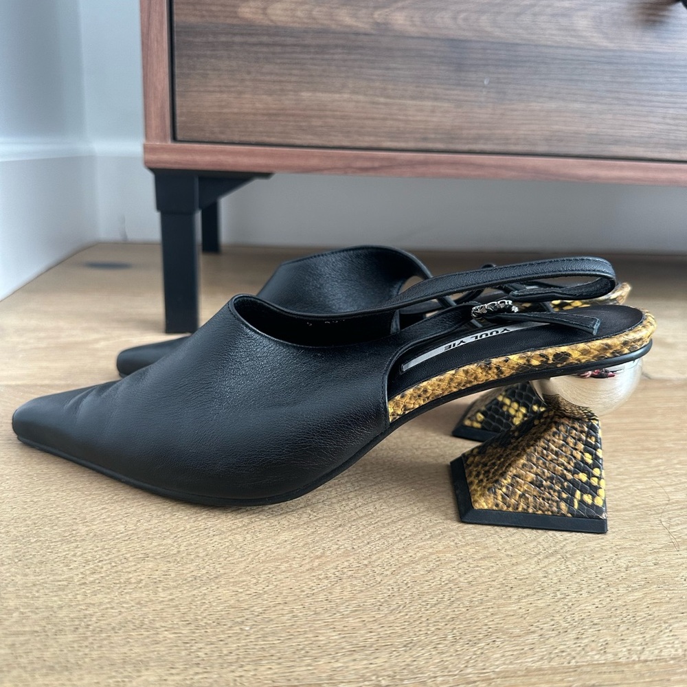 Black & Yellow Slingback pumps w sculptural block heel & mirror ball accent.US9 - Picture 12 of 16
